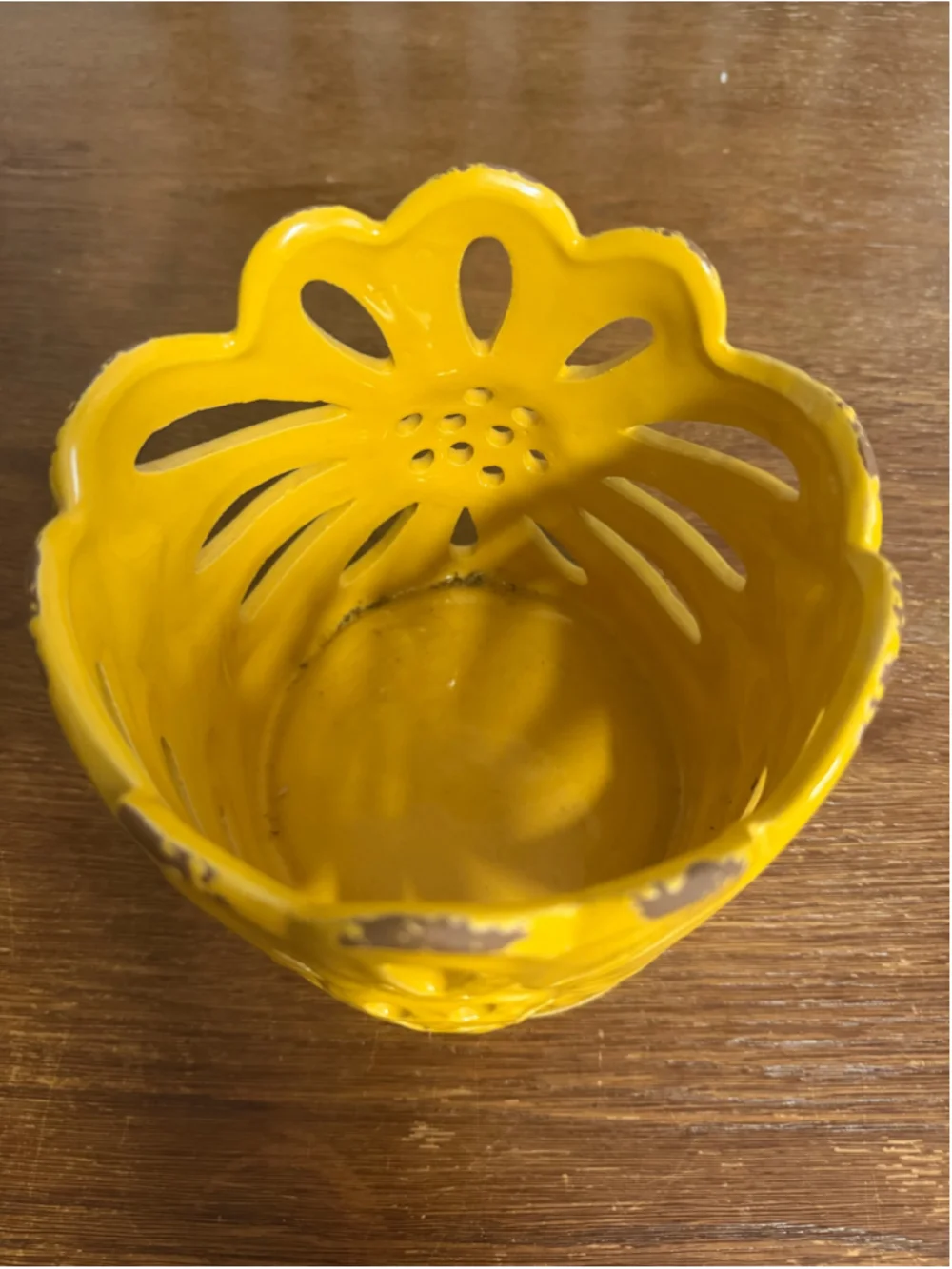 Yellow Ceramic Floral Cutout Candle Holder Luminary Distressed 6” Boho Decor